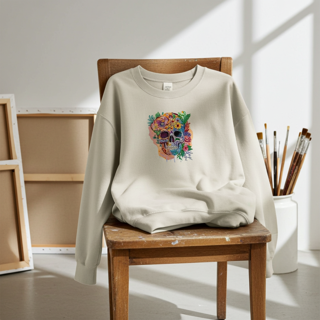 Mint green sweatshirt draped on a wooden chair in an artist’s studio, featuring a colorful floral sugar skull embroidery on the chest, with paintbrushes and canvases in the background