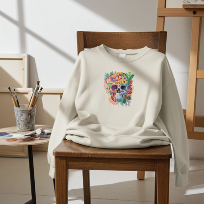Mint green sweatshirt draped on a wooden chair in an artist’s studio, featuring a colorful floral sugar skull embroidery on the chest, with paintbrushes and canvases in the background