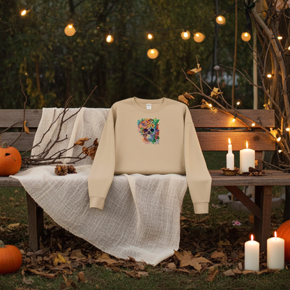 Soft beige sweatshirt displayed on an outdoor wooden bench at dusk, featuring a colorful floral sugar skull embroidery on the chest, styled with string lights, candles, pumpkins, and autumn leaves