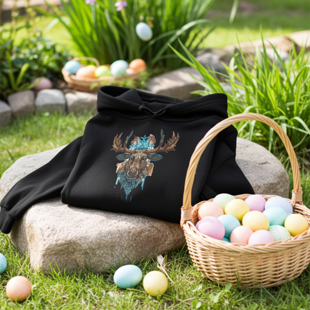 Black hoodie mockup featuring an embroidered tribal-style moose head with turquoise accents on the chest, styled outdoors on a stone with a basket of pastel eggs in a spring garden.