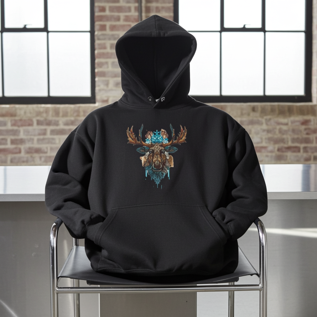 
Black hoodie mockup featuring an embroidered tribal-style moose head with turquoise accents on the chest, displayed on a chair in a modern loft with large windows.