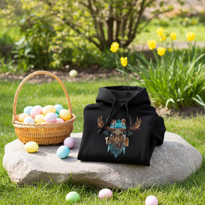 Black hoodie mockup featuring an embroidered tribal-style moose head with turquoise accents on the chest, styled outdoors on a stone with a basket of pastel eggs in a spring garden.