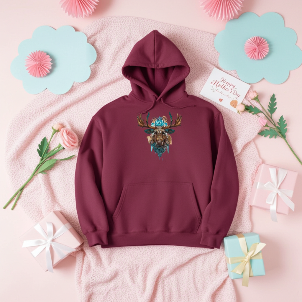 Burgundy hoodie mockup featuring an embroidered tribal-style moose head with turquoise accents on the chest, styled flat lay with gift boxes, flowers, and a Mother’s Day card on a pink background.