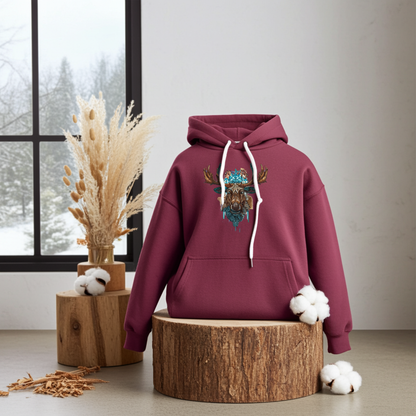 Burgundy hoodie mockup featuring an embroidered tribal-style moose head with turquoise accents on the chest, styled with books, cotton stems, and a warm rustic interior.
