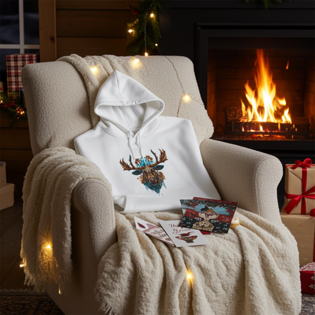 White hoodie mockup featuring an embroidered tribal-style moose head with turquoise accents on the chest, styled on a cozy armchair with a blanket by a lit fireplace and holiday gifts.