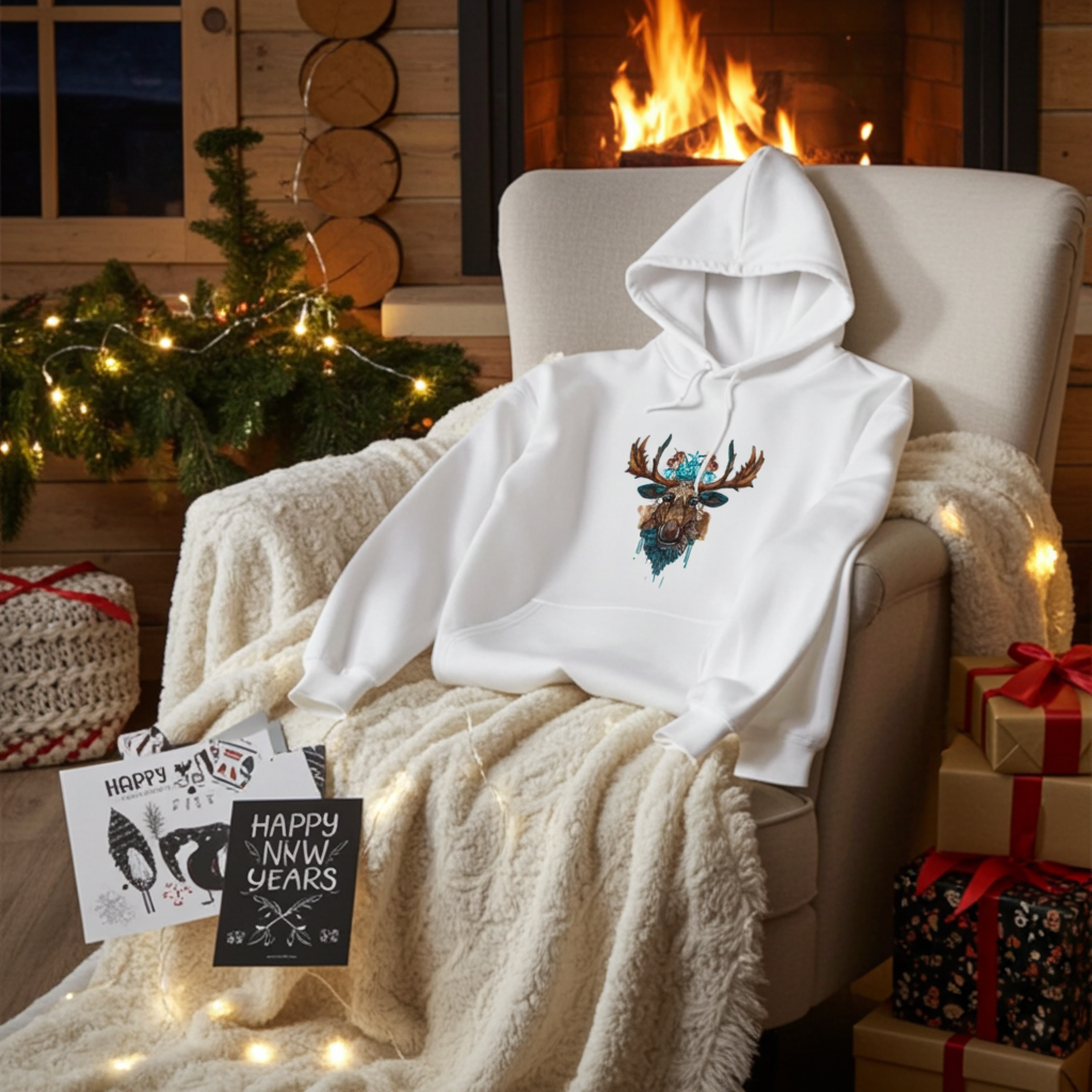 White hoodie mockup featuring an embroidered tribal-style moose head with turquoise accents on the chest, styled on a cozy armchair with a blanket by a lit fireplace and holiday gifts.