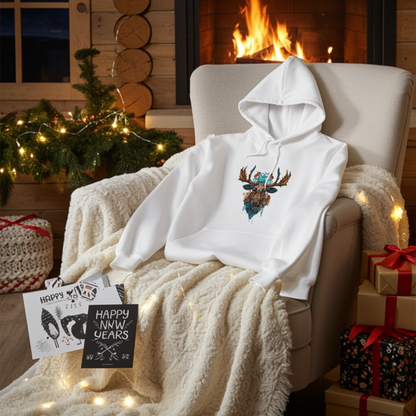 White hoodie mockup featuring an embroidered tribal-style moose head with turquoise accents on the chest, styled on a cozy armchair with a blanket by a lit fireplace and holiday gifts.