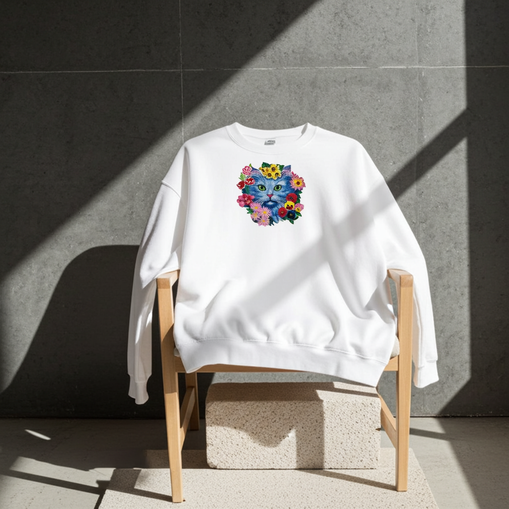 White sweatshirt draped on a wooden chair in a modern studio, featuring a blue cat face embroidery surrounded by colorful floral details on the chest.