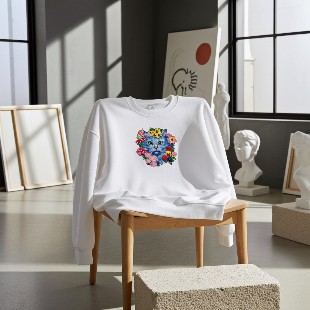 White sweatshirt draped on a wooden chair in a modern studio, featuring a blue cat face embroidery surrounded by colorful floral details on the chest.