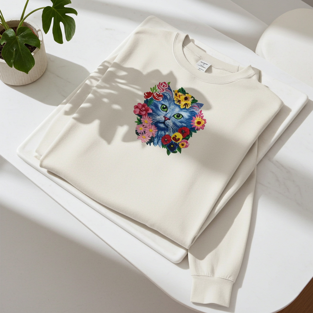 Mint green sweatshirt draped on wooden chair in an artist’s studio, featuring blue cat face embroidery surrounded by colorful flowers on the chest