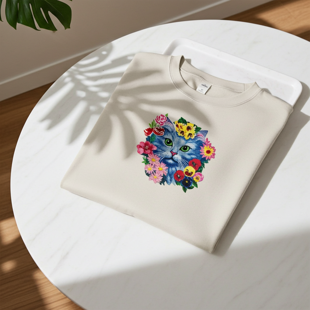 Mint green sweatshirt draped on wooden chair in an artist’s studio, featuring blue cat face embroidery surrounded by colorful flowers on the chest