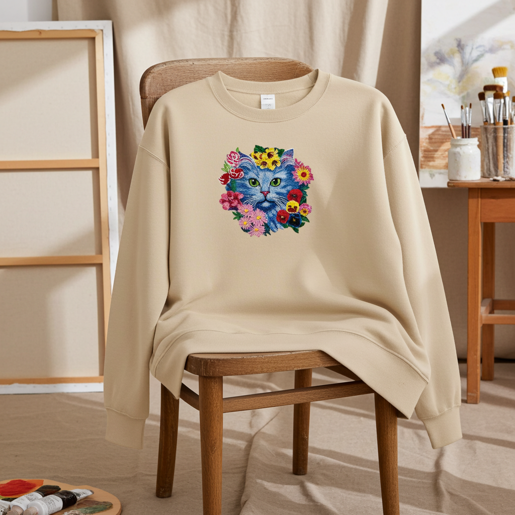 Soft beige sweatshirt draped on wooden chair in an artist’s studio, featuring blue cat face embroidery surrounded by colorful flowers on the chest
