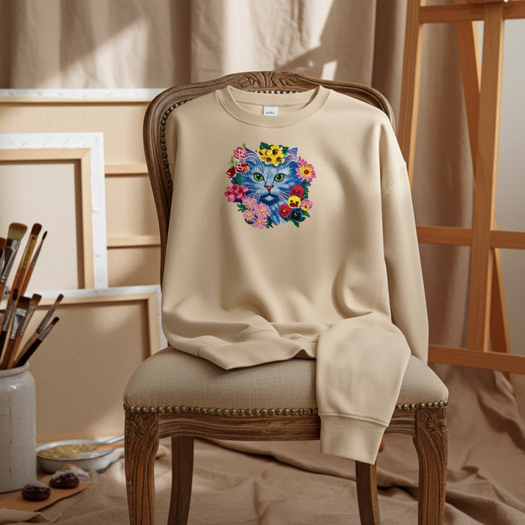 Soft beige sweatshirt draped on wooden chair in an artist’s studio, featuring blue cat face embroidery surrounded by colorful flowers on the chest