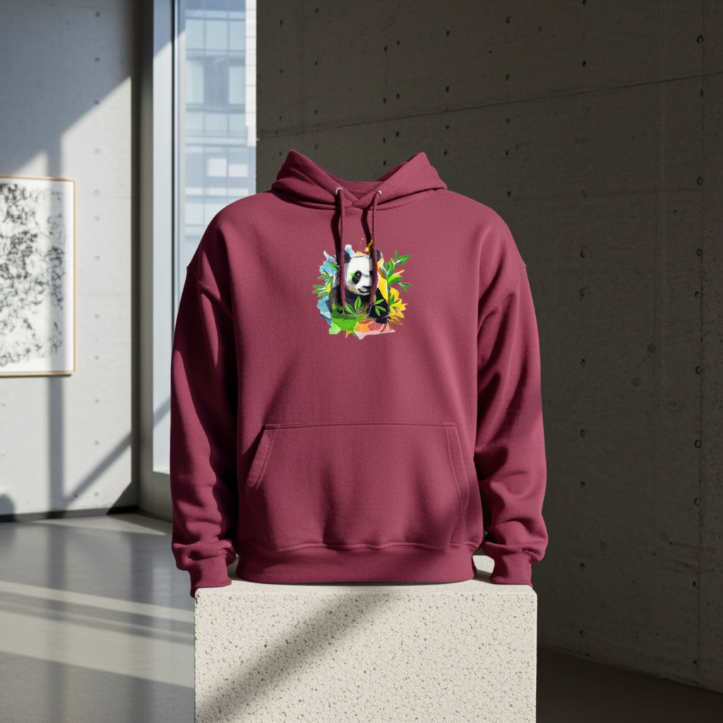 Burgundy hoodie mockup featuring an embroidered panda with bamboo leaves and colorful splash accents on the chest, displayed in a modern concrete interior with large windows.