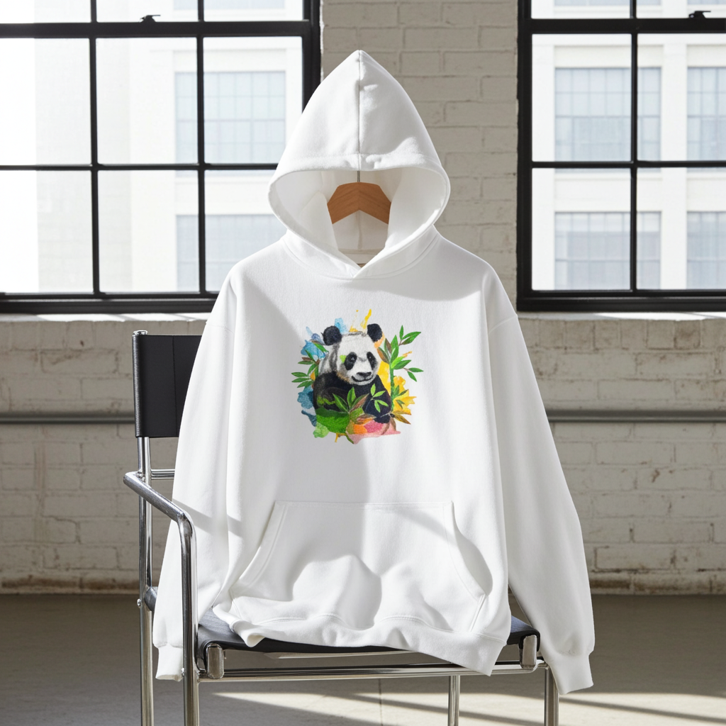 White hoodie mockup featuring an embroidered panda with bamboo leaves and colorful splash accents on the chest, displayed on a chair in a bright loft with large windows.