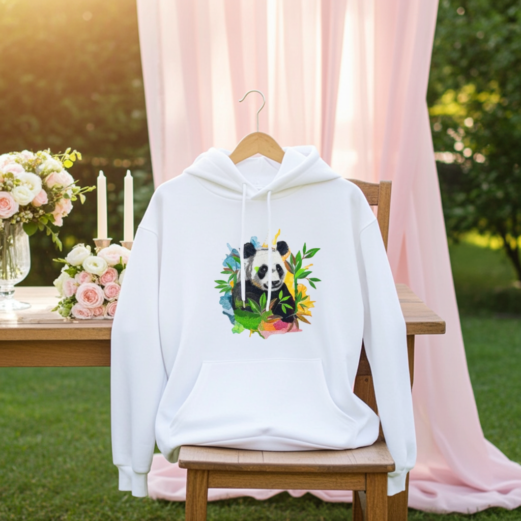 White hoodie mockup featuring an embroidered panda with bamboo leaves and colorful splash accents on the chest, styled outdoors with pink drapes, candles, and floral arrangements.