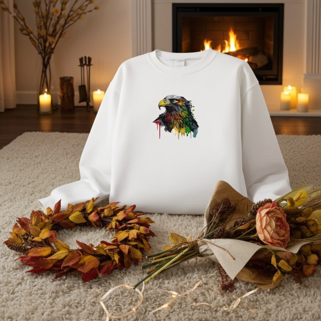 White sweatshirt displayed indoors near a fireplace, featuring a colorful splash-style eagle head embroidery on the chest, styled with autumn leaves and a bouquet on a soft carpet