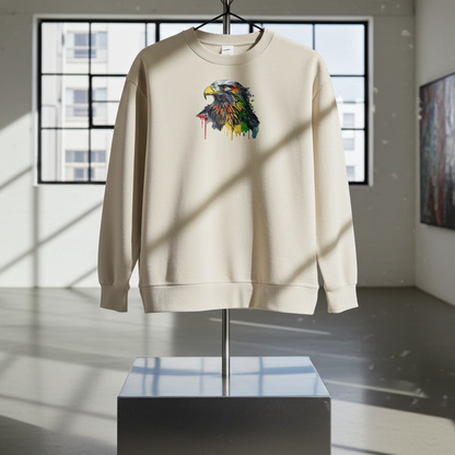 Mint green  sweatshirt draped over a modern chair in a bright loft with city view, featuring colorful splash-style eagle head embroidery on the chest