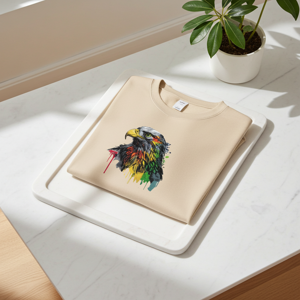Soft beige sweatshirt neatly folded on white marble slabs with natural sunlight and leafy shadows, featuring colorful splash-style eagle head embroidery on the chest