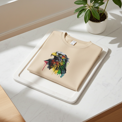 Soft beige sweatshirt neatly folded on white marble slabs with natural sunlight and leafy shadows, featuring colorful splash-style eagle head embroidery on the chest