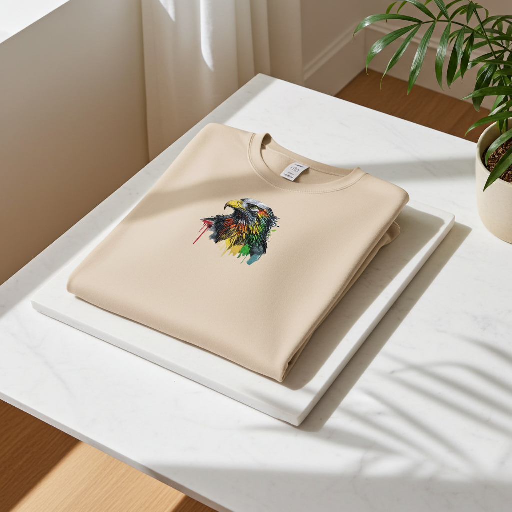 Soft beige sweatshirt neatly folded on white marble slabs with natural sunlight and leafy shadows, featuring colorful splash-style eagle head embroidery on the chest