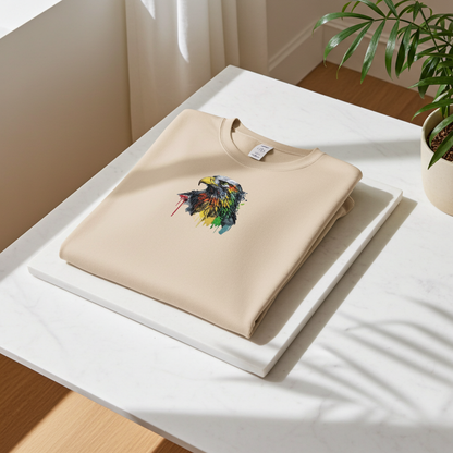 Soft beige sweatshirt neatly folded on white marble slabs with natural sunlight and leafy shadows, featuring colorful splash-style eagle head embroidery on the chest