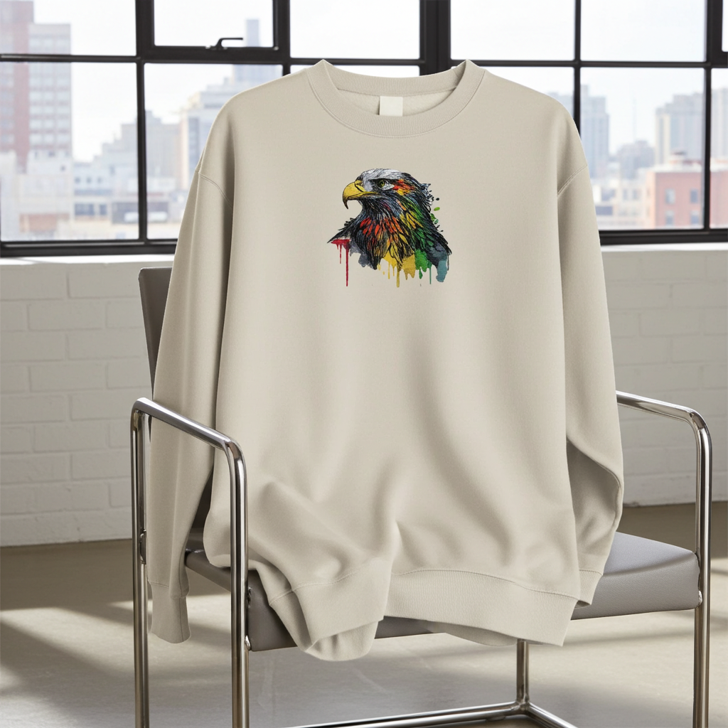 Mint Green  sweatshirt draped over a modern chair in a bright loft with city view, featuring colorful splash-style eagle head embroidery on the chest