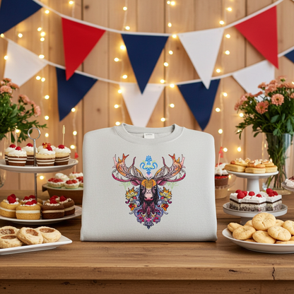 Mint green sweatshirt featuring a colorful baroque moose head embroidery-style design with ornate antlers, styled on a table with desserts, party bunting, and warm string lights.