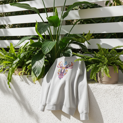 Mint green sweatshirt featuring a colorful baroque moose head embroidery-style design with ornate antlers, styled on a wooden bench surrounded by lush green plants and pink orchids.