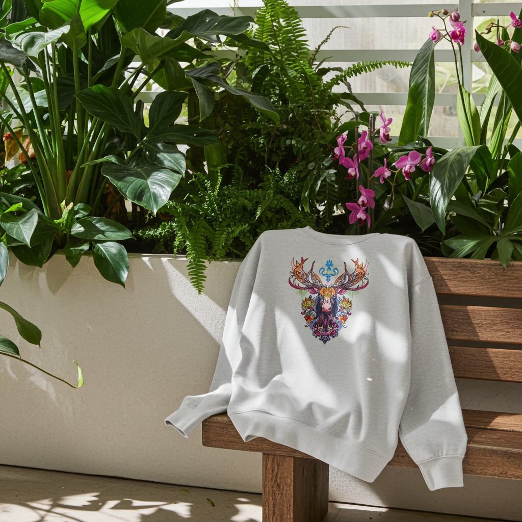 Mint green sweatshirt featuring a colorful baroque moose head embroidery-style design with ornate antlers, styled on a wooden bench surrounded by lush green plants and pink orchids.