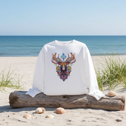 White sweatshirt featuring a colorful baroque moose head embroidery-style design with ornate antlers, styled on a driftwood log at the beach with seashells and ocean in the background.