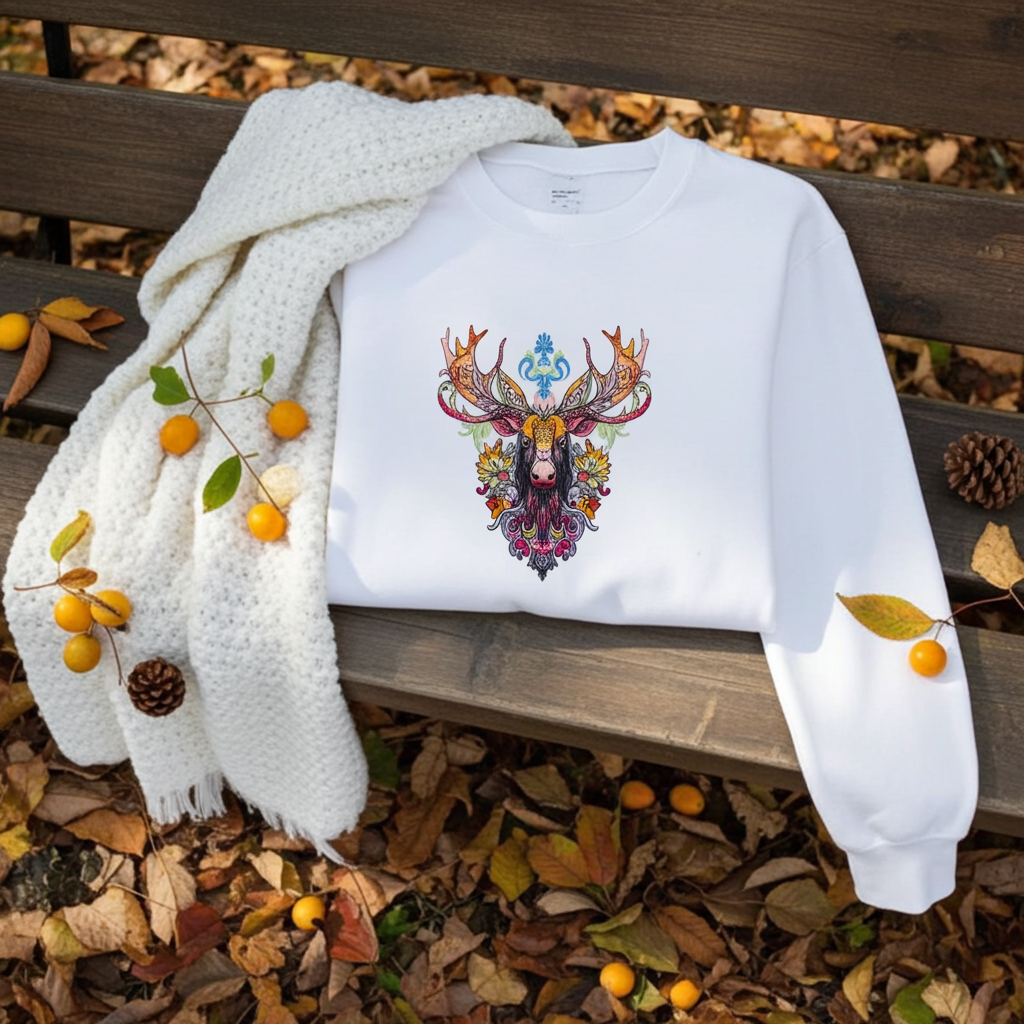 White sweatshirt featuring a colorful baroque moose head embroidery-style design with ornate antlers, styled on a wooden bench with a cozy knit scarf, berries, pinecones, and autumn leaves.