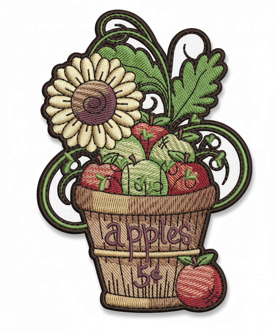 Decorative design of a basket with apples and a sunflower on a white background