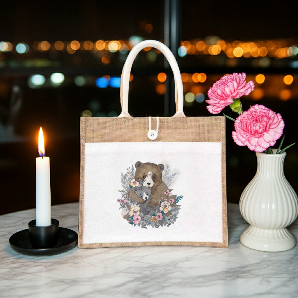 Jute tote handbag with a mother bear hugging her cub, surrounded by floral embroidery-style artwork, on a tabletop with a candle and vase.