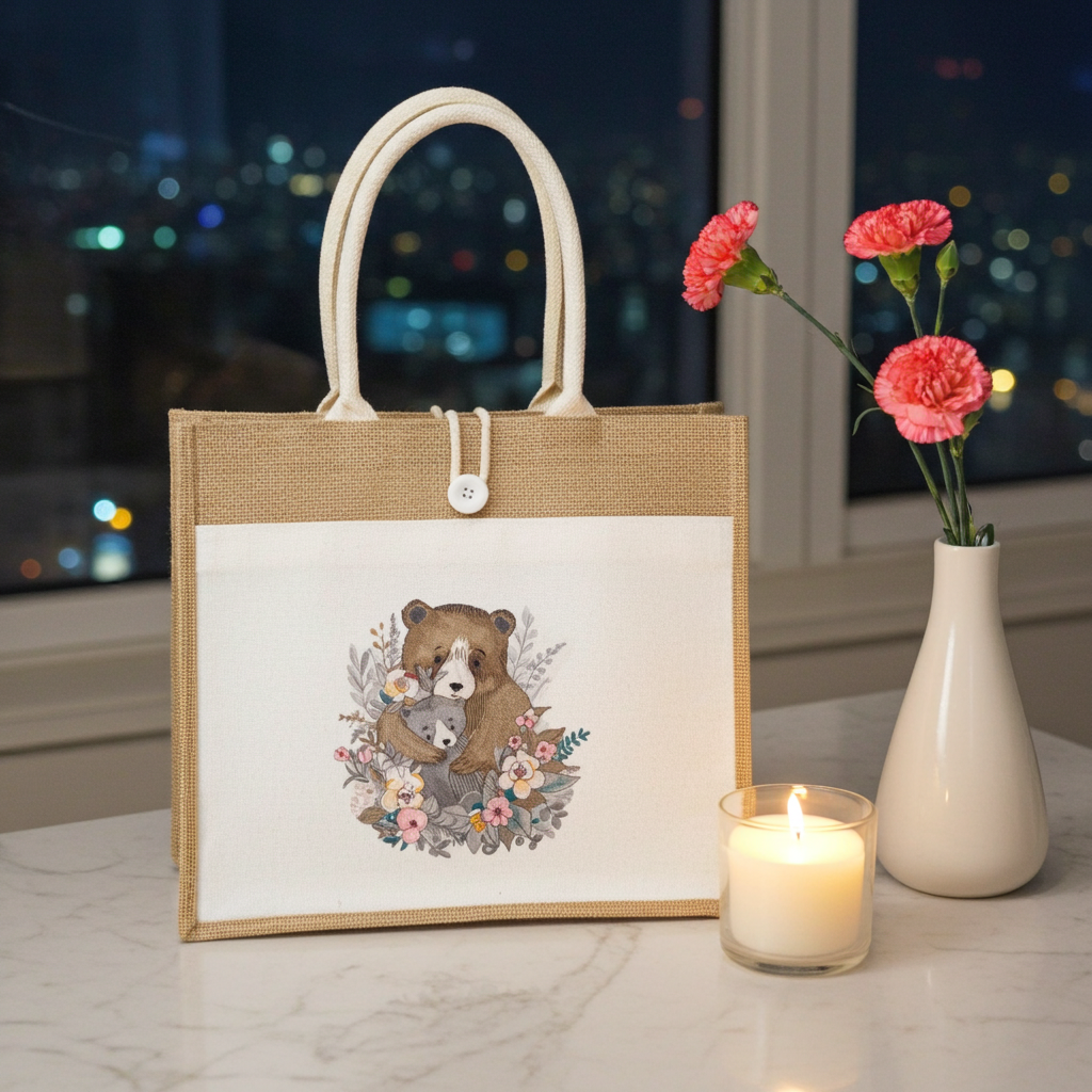 Jute tote handbag with a mother bear hugging her cub, surrounded by floral embroidery-style artwork, on a tabletop with a candle and vase.