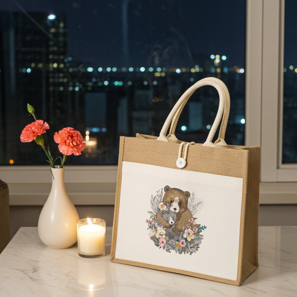 Jute tote handbag with a mother bear hugging her cub, surrounded by floral embroidery-style artwork, on a tabletop with a candle and vase.