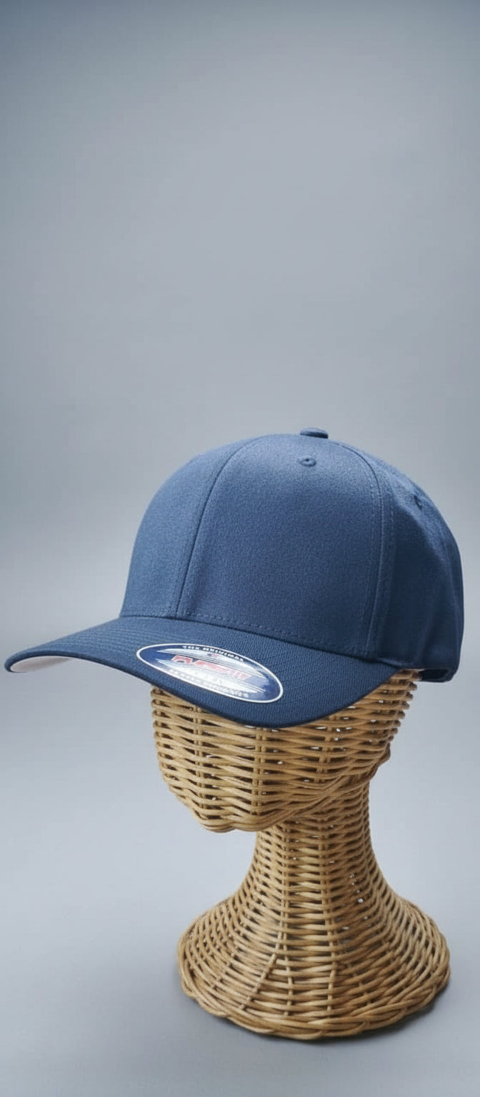 Blue cap on a wicker stand with a blurred indoor background