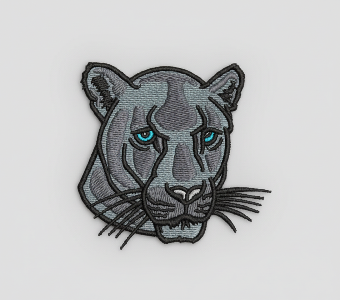 Embroidered patch of a black  panther head on a grid background