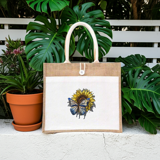 Natural jute tote handbag featuring a blue butterfly and sunflower embroidery design, displayed outdoors with tropical green plants and a potted plant against a white slatted backdrop.