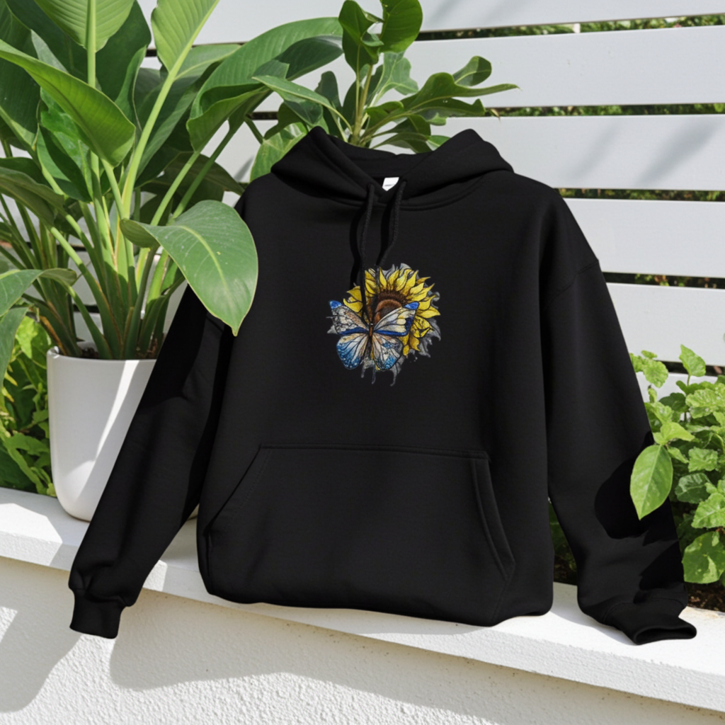 Black hoodie mockup featuring an embroidered blue butterfly and sunflower design on the chest, styled outdoors with lush green plants and a white fence backdrop.