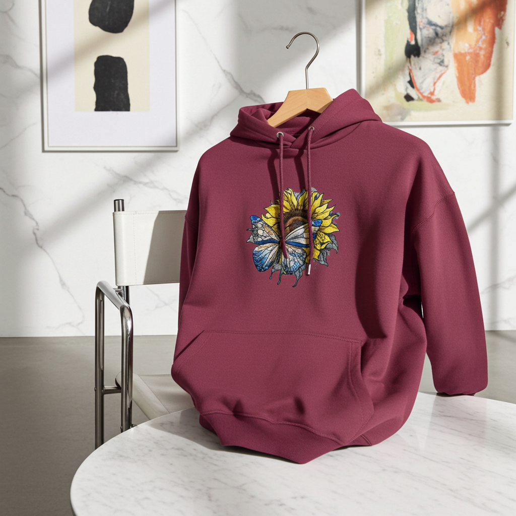 Burgundy hoodie mockup featuring an embroidered blue butterfly and sunflower design on the chest, displayed on a chair in a bright studio with large windows and an easel.