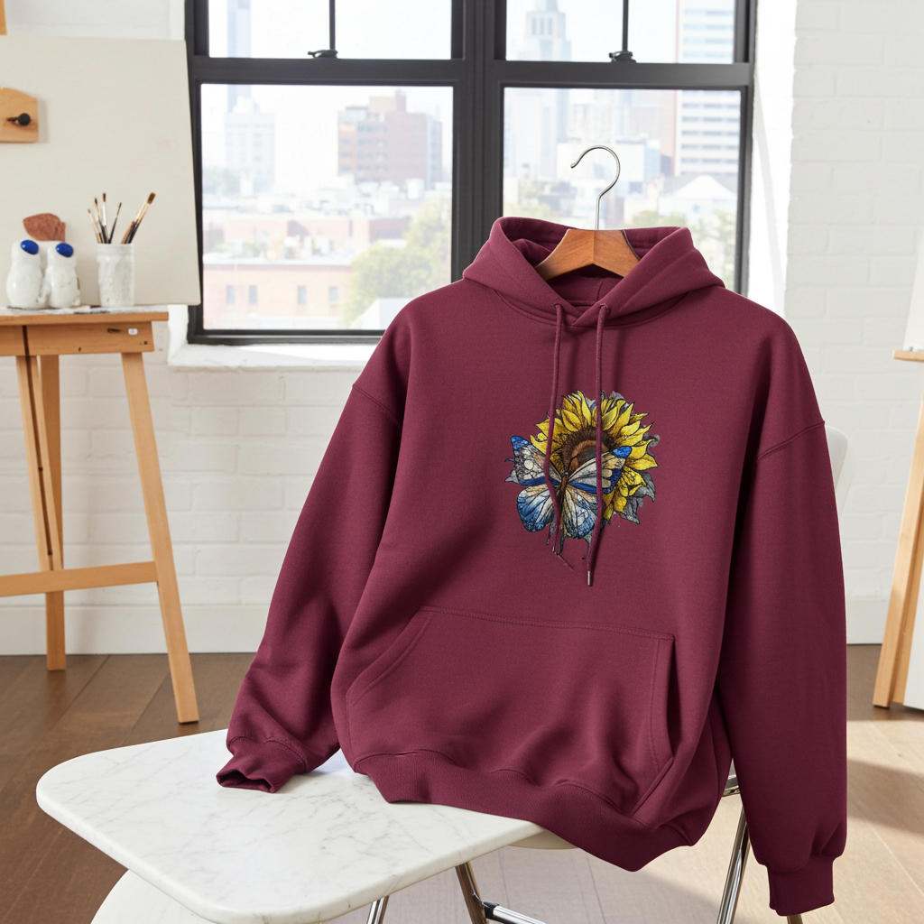 Burgundy hoodie mockup featuring an embroidered blue butterfly and sunflower design on the chest, displayed on a chair in a bright studio with large windows and an easel.
