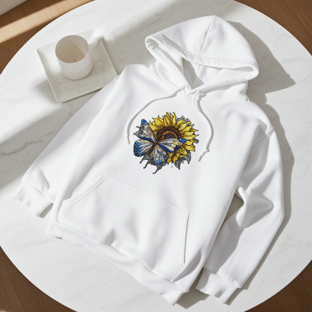White hoodie mockup featuring an embroidered blue butterfly and sunflower design on the chest, laid flat on a round white table in bright natural light.