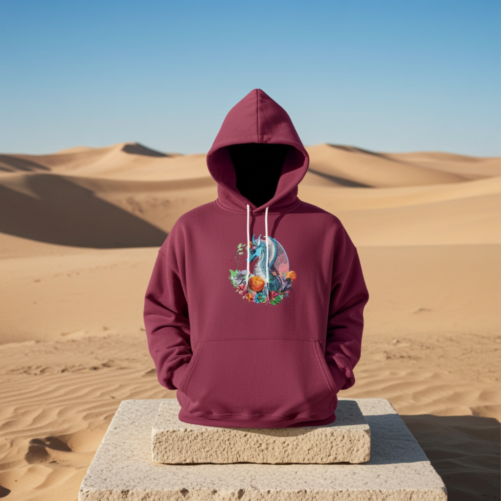 Burgundy hoodie mockup featuring an embroidered blue dragon surrounded by flowers on the chest, displayed outdoors on a stone block in a desert dune landscape.