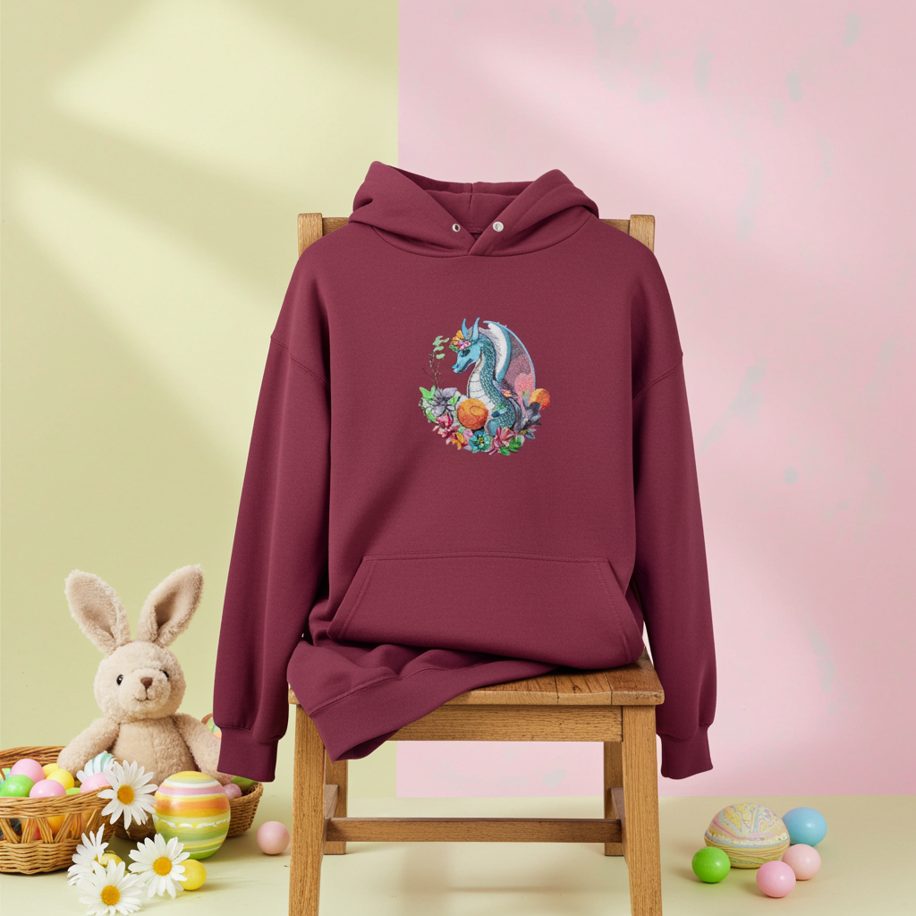 Burgundy hoodie mockup featuring an embroidered blue dragon surrounded by flowers on the chest, displayed on a wooden chair with Easter eggs, daisies, and a plush bunny in the background.