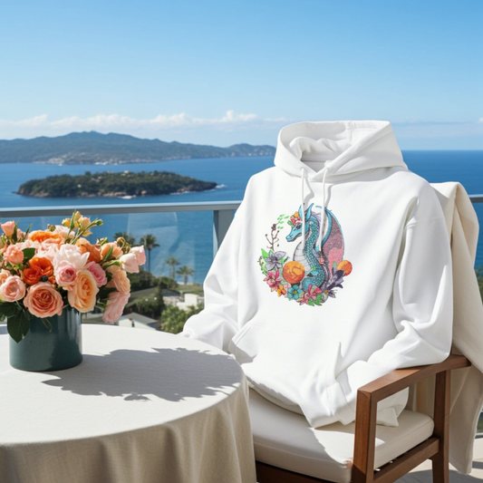 White hoodie mockup featuring an embroidered blue dragon surrounded by colorful flowers on the chest, styled on a balcony with ocean view and a bouquet of roses.