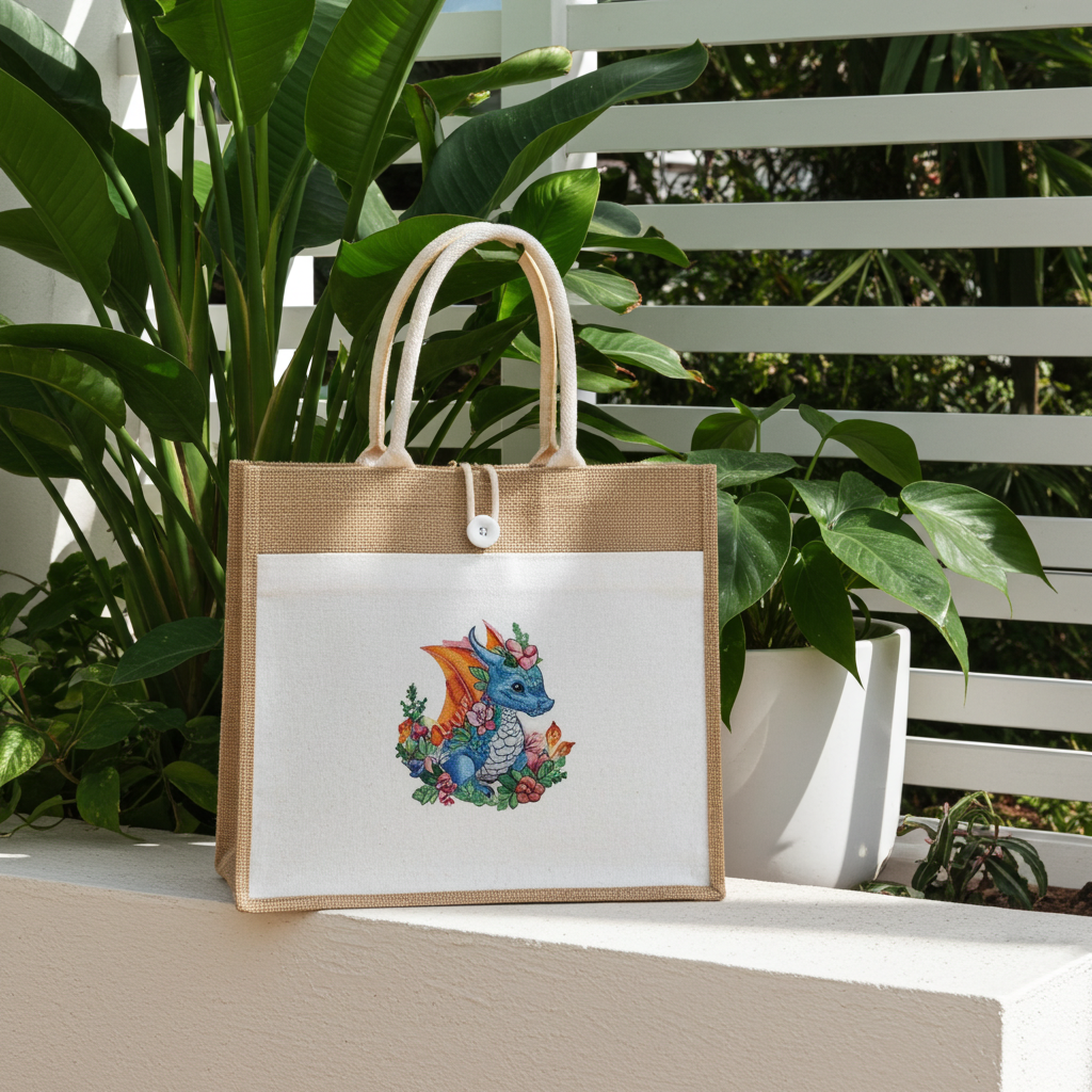 Natural jute tote handbag featuring a blue floral dragon embroidery design, displayed outdoors on a ledge with lush green plants and a white slatted backdrop.