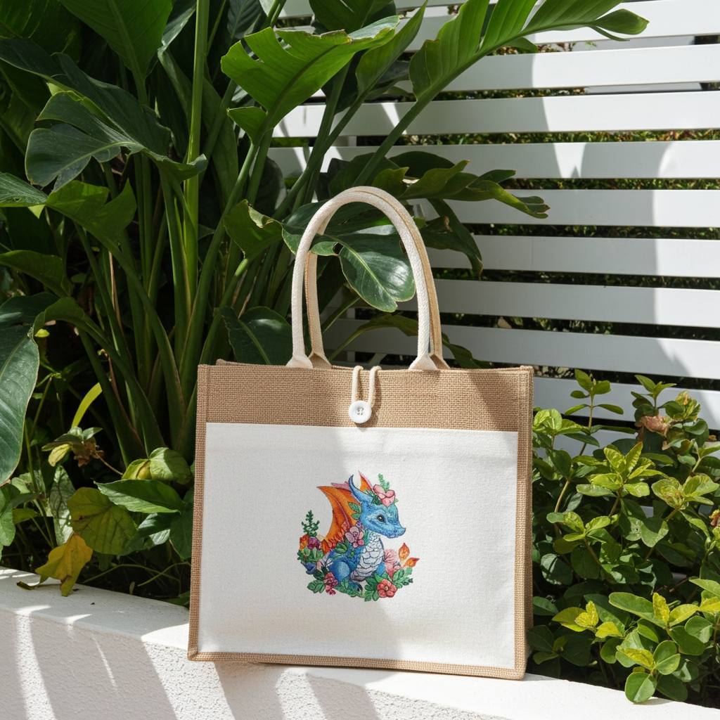 Natural jute tote handbag featuring a blue floral dragon embroidery design, displayed outdoors on a ledge with lush green plants and a white slatted backdrop.