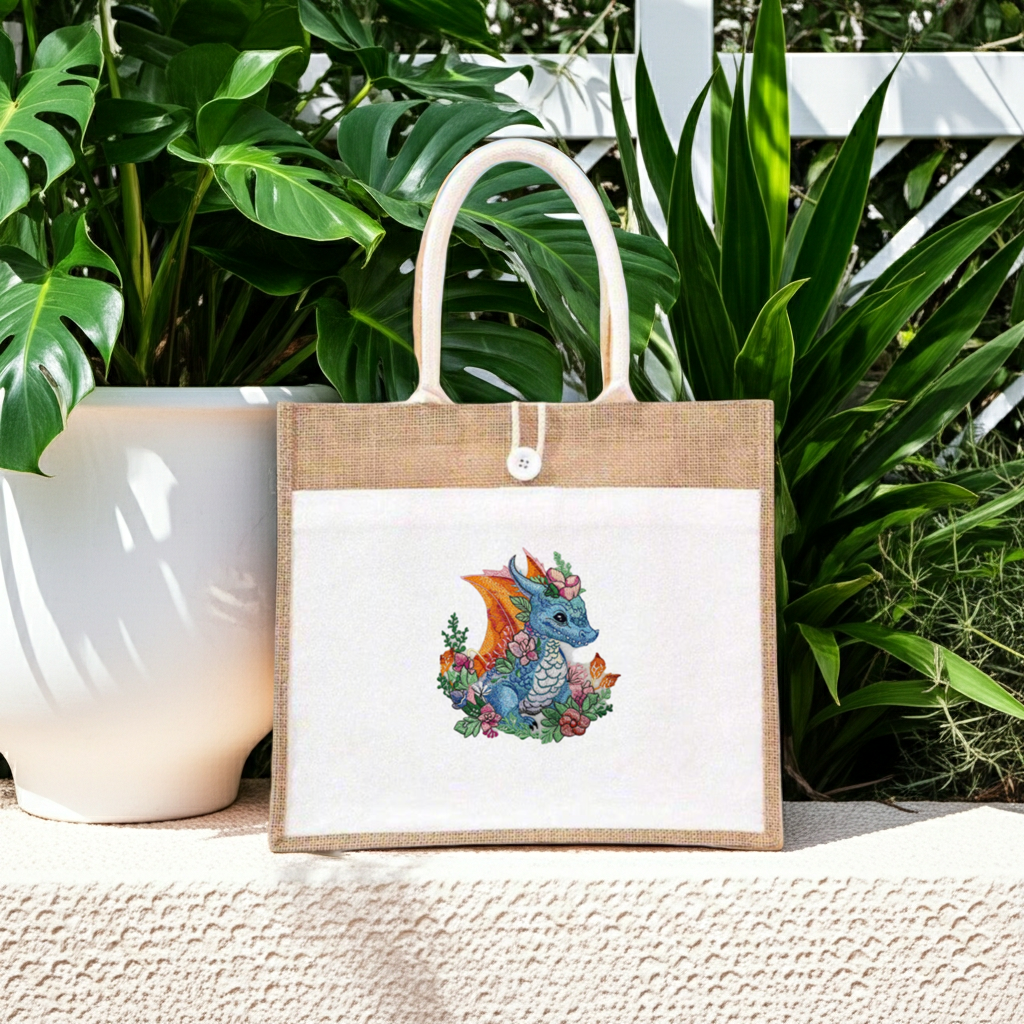 Natural jute tote handbag featuring a blue floral dragon embroidery design, displayed outdoors on a ledge with lush green plants and a white slatted backdrop.