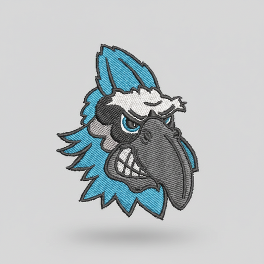 Embroidered design of a Bluejay head with blue and gray colors on a grid background